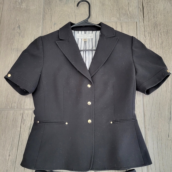 TAHARI VINTAGE 2 PIECE WORK WEAR SUIT BLACK BLAZER SKIRT RUFFLE GOLD SIZE 4P - Picture 3 of 12